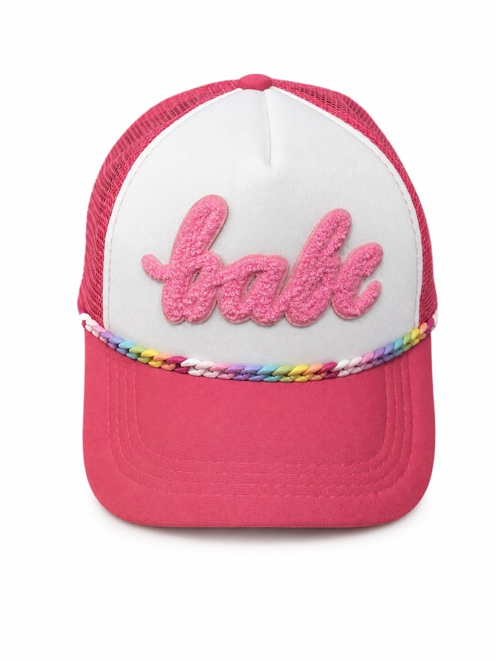 Hand Crafted Pink and White 'Babe' Chenille Patch Trucker Hat with Rainbow Braid